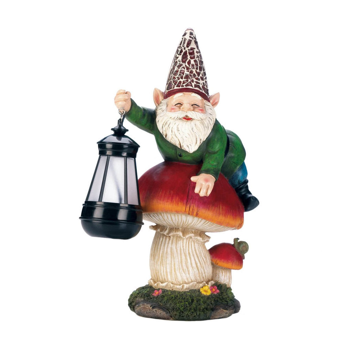 Green-coated gnome sitting on a red mushroom and holding a black lantern, with a small snail beside the mushroom.