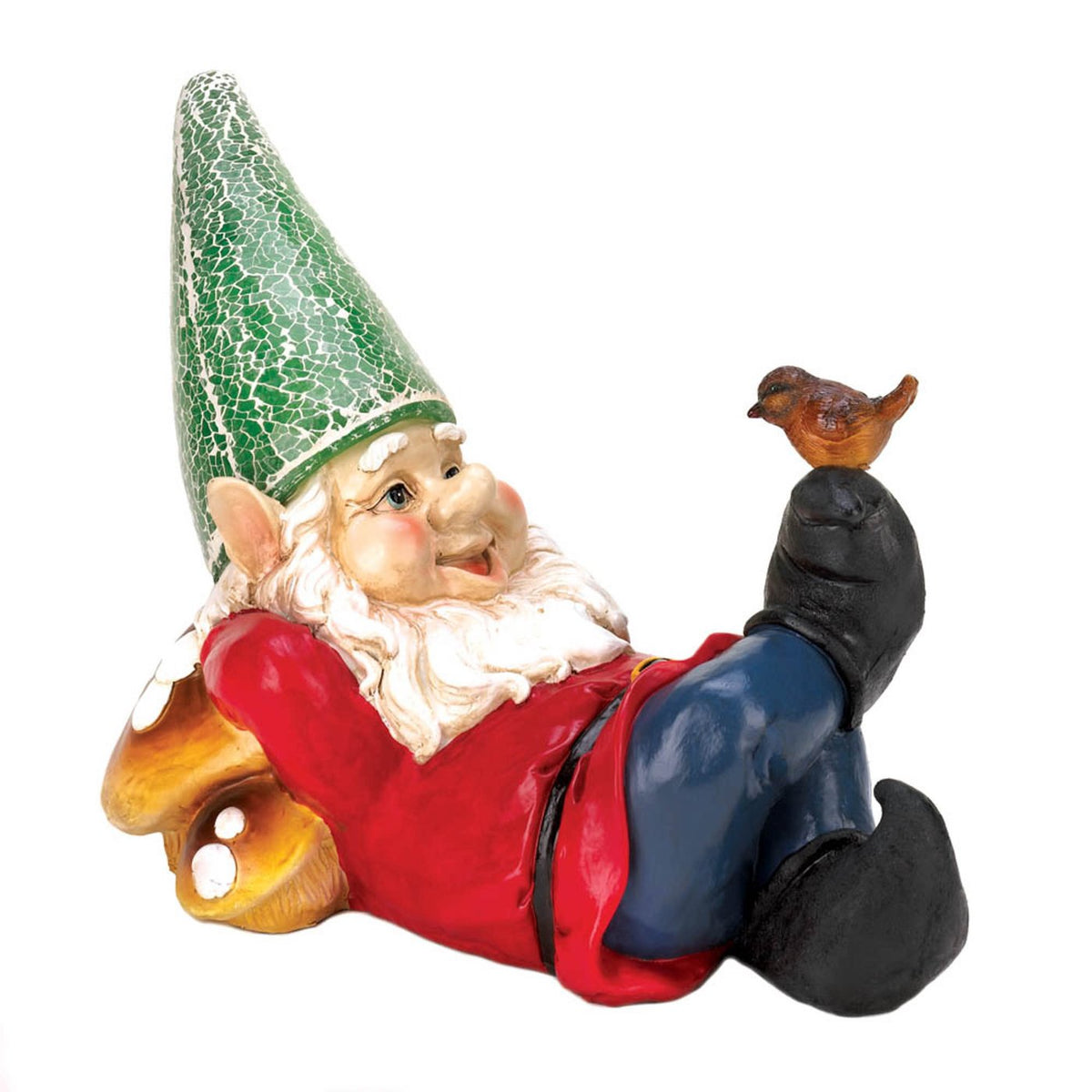 Reclining gnome in a red coat and green mosaic hat with a small brown bird perched on its raised black boot.