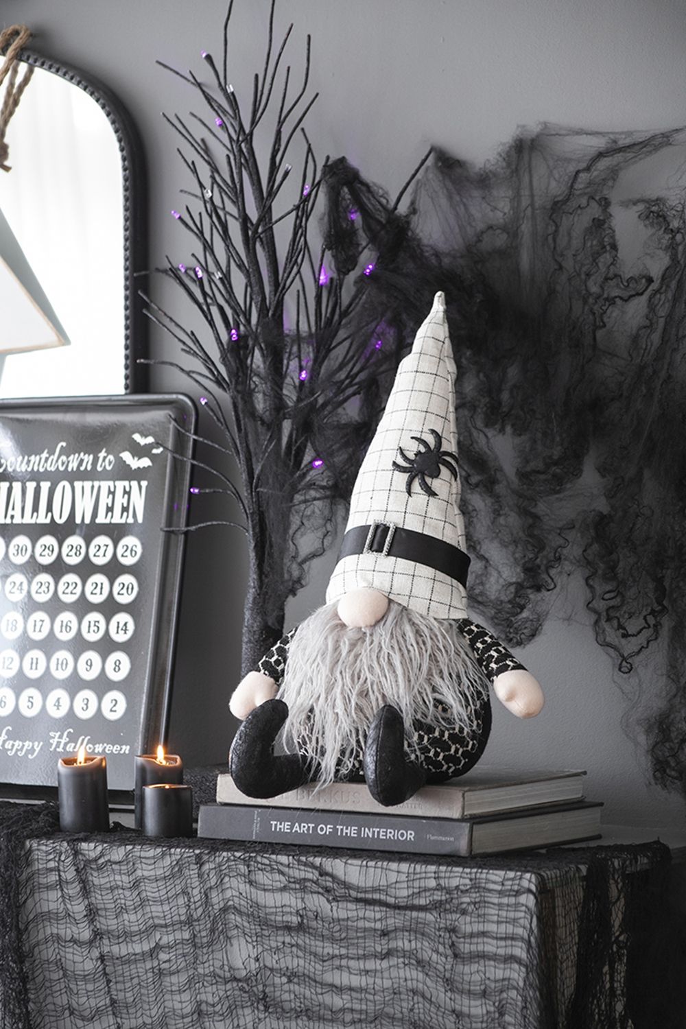 Black Sitting Gnome With Spider Hat – Halloween Decor Set of 2