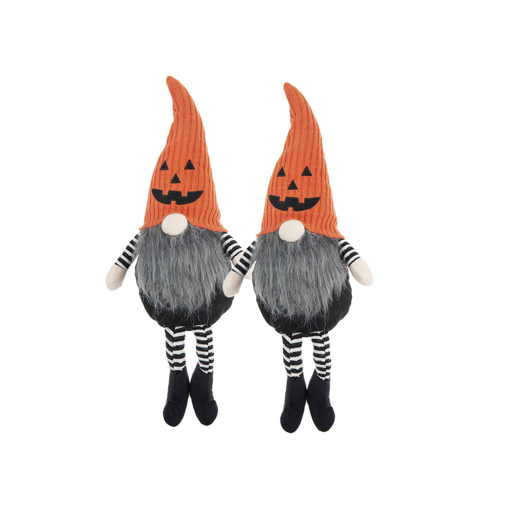 Set of 2 Fabric Sitting Gnomes with Jack-o-Lantern Detail - Orange