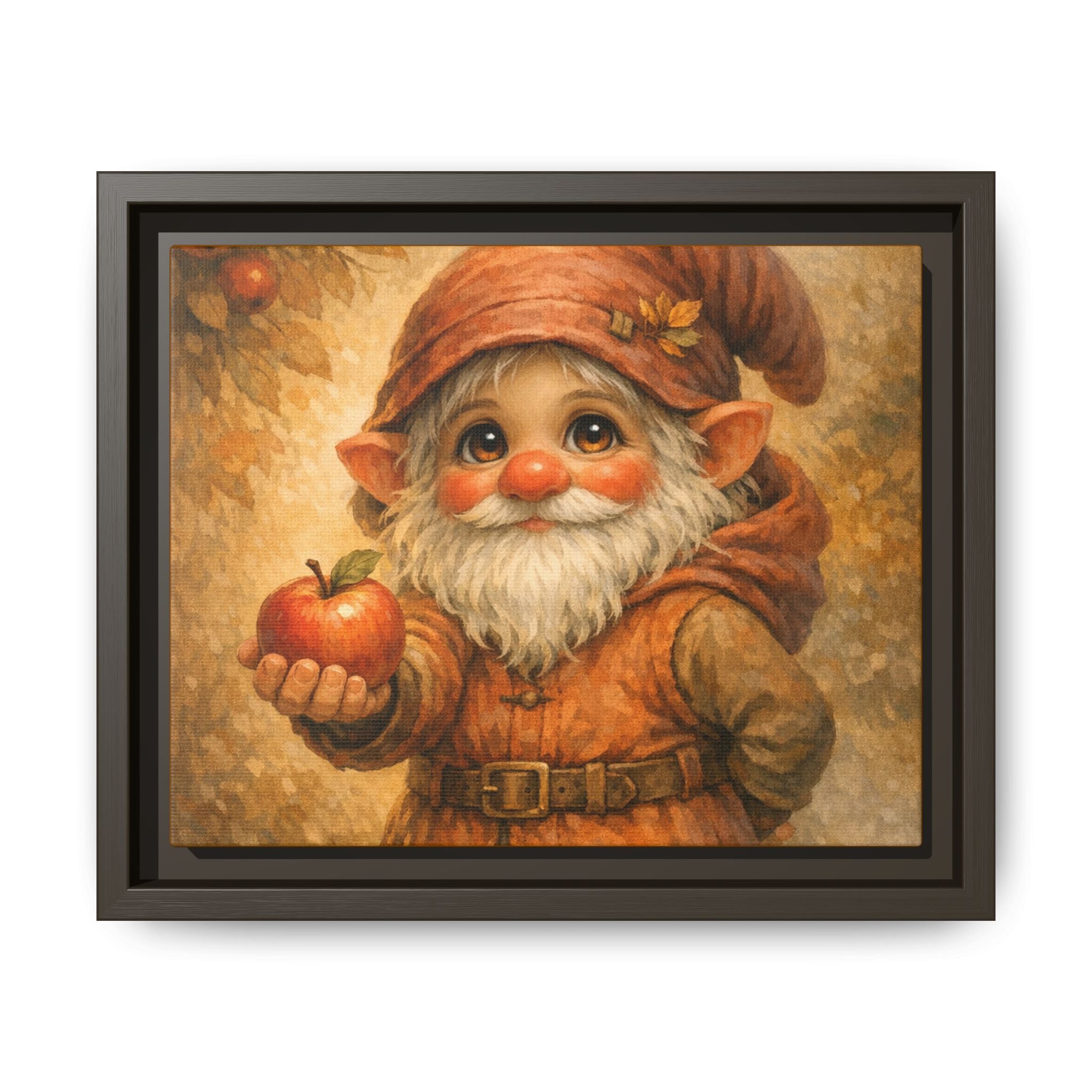 Bright Eyes Framed Gnome Canvas Print — Autumn Elf Holding Apple Wall Art