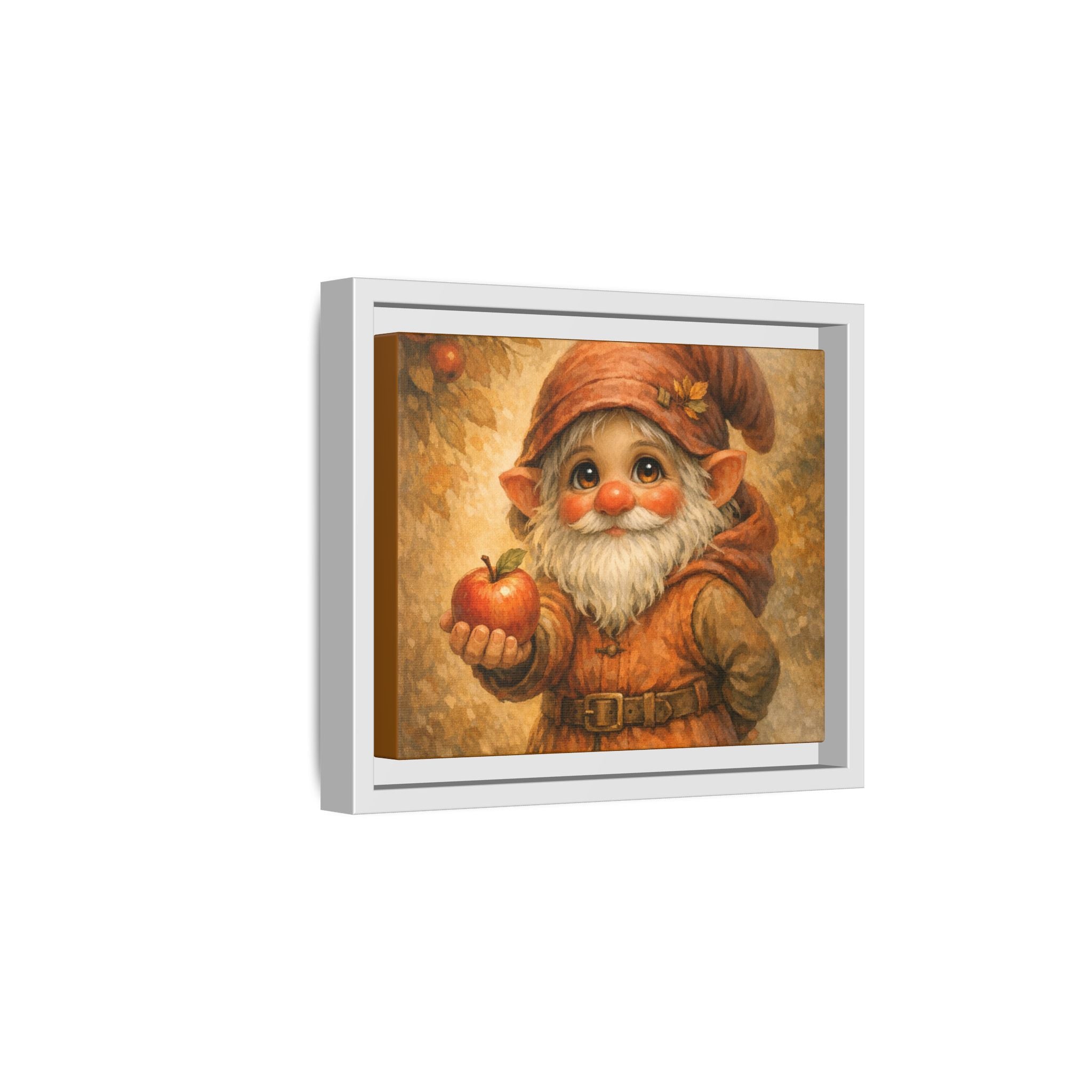 Bright Eyes Framed Gnome Canvas Print — Autumn Elf Holding Apple Wall Art