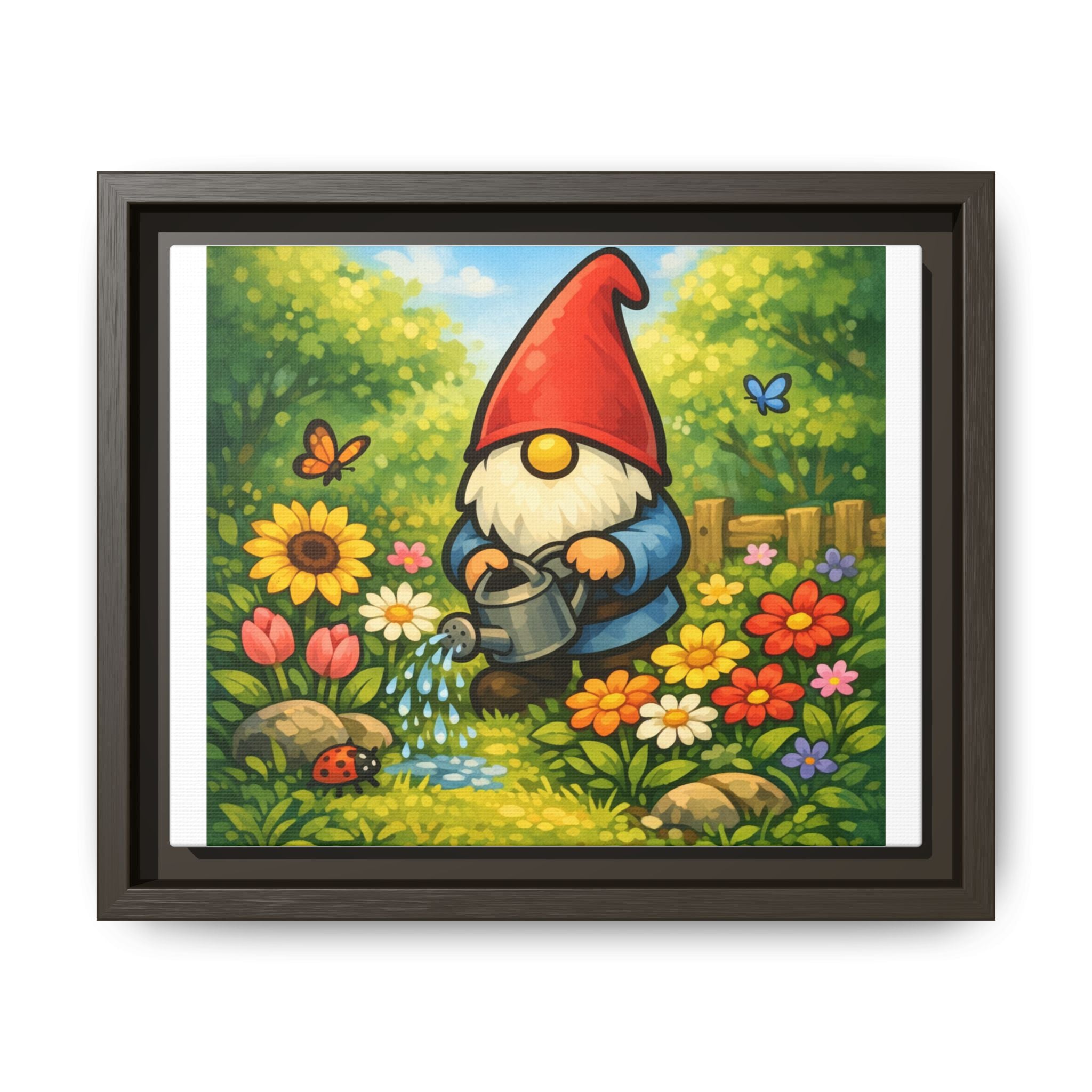 Gnome Watering Flowers Garden Matte Canvas Print (Framed) — Colorful Spring Wall Art