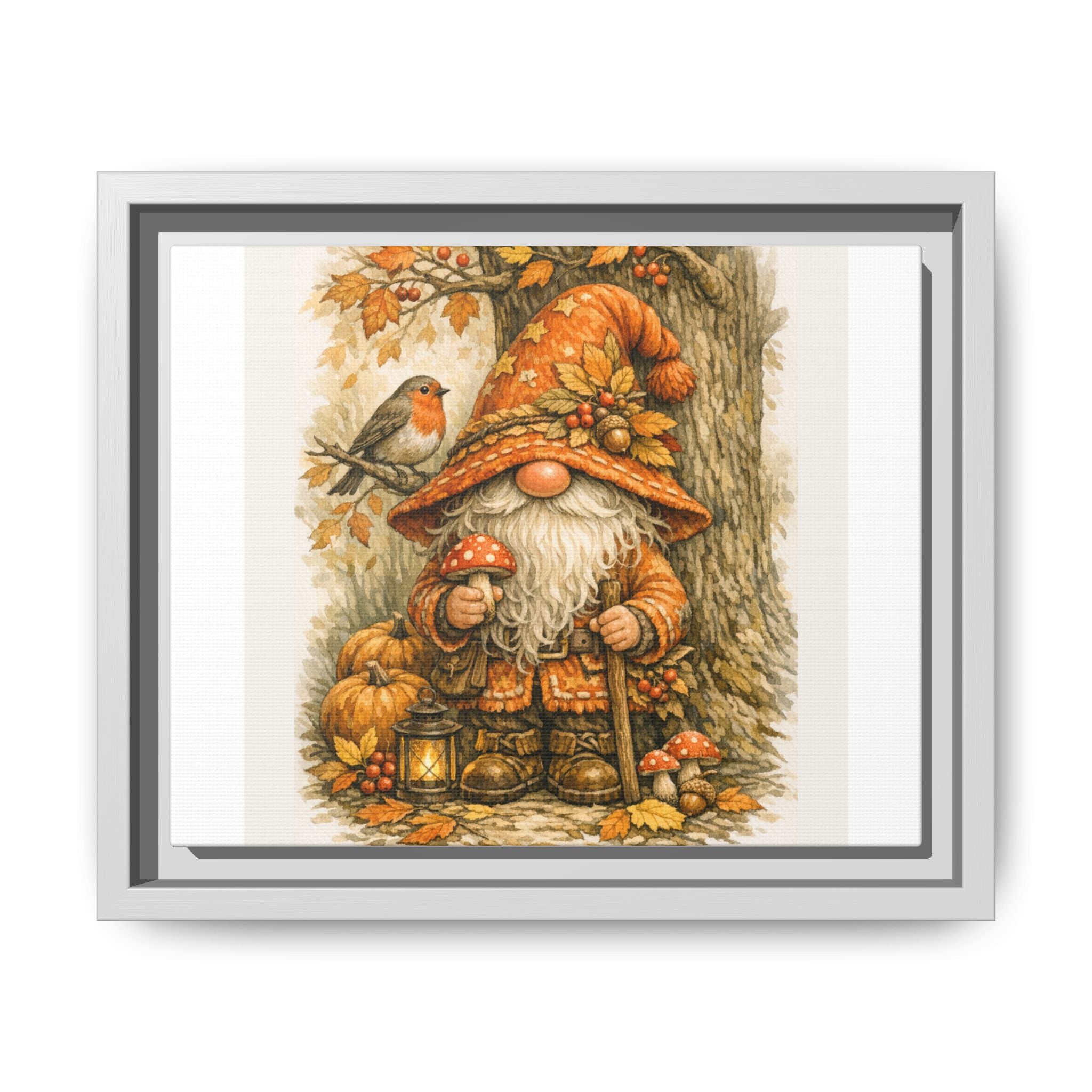 Autumn Gnome Framed Canvas Art – Fall Mushroom & Robin Wall Decor
