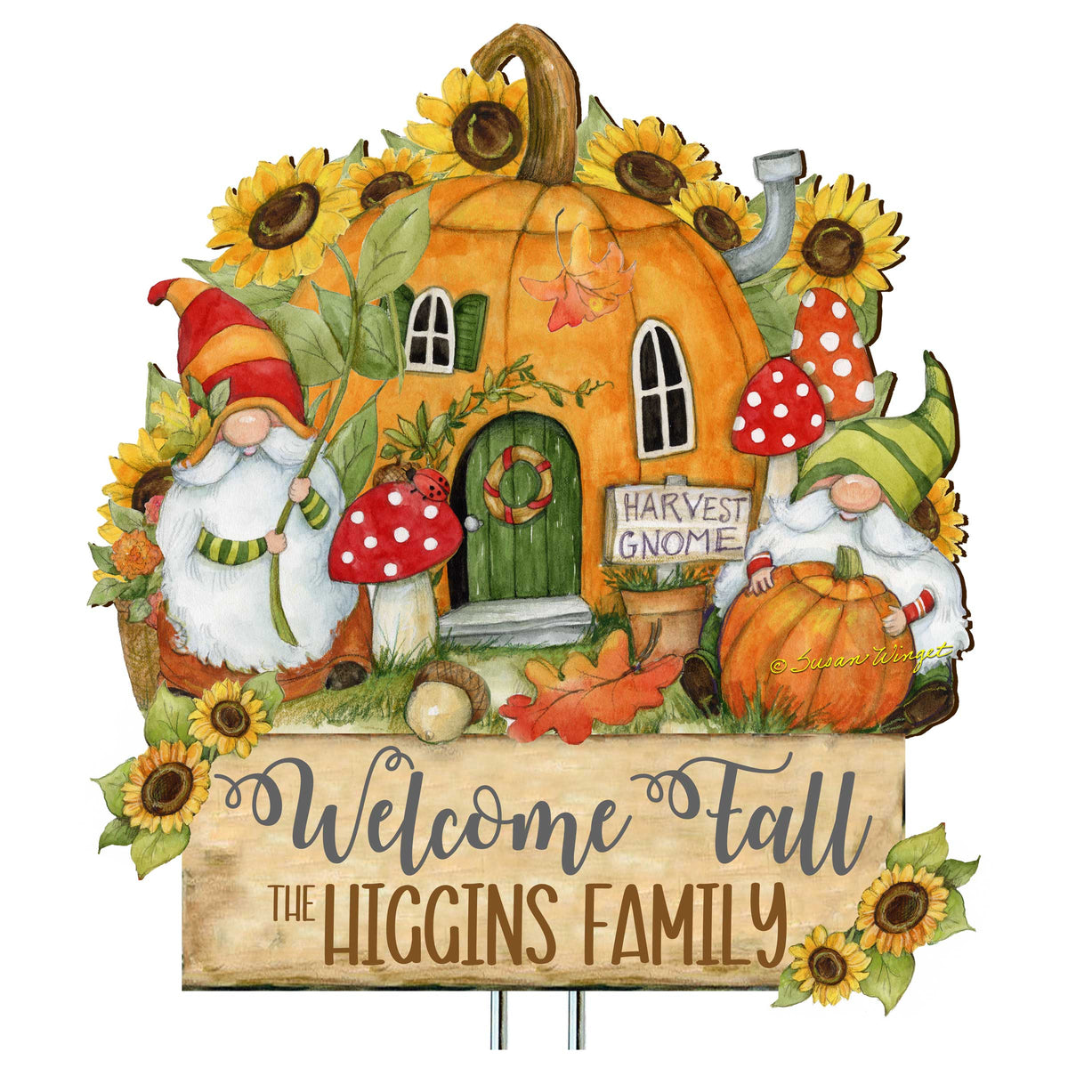 Personalized Outdoor Garden Stakes Fall Decoration - Custom Welcome Fall Backyard Decor by Susan Winget - Gnomes House - Handmade Gift 8471209MC-SW