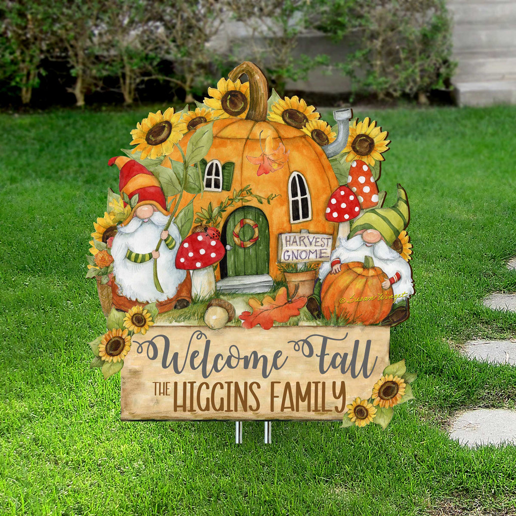Personalized Welcome Fall garden stake with a pumpkin house, two gnomes, sunflowers and sample Higgins Family wording.