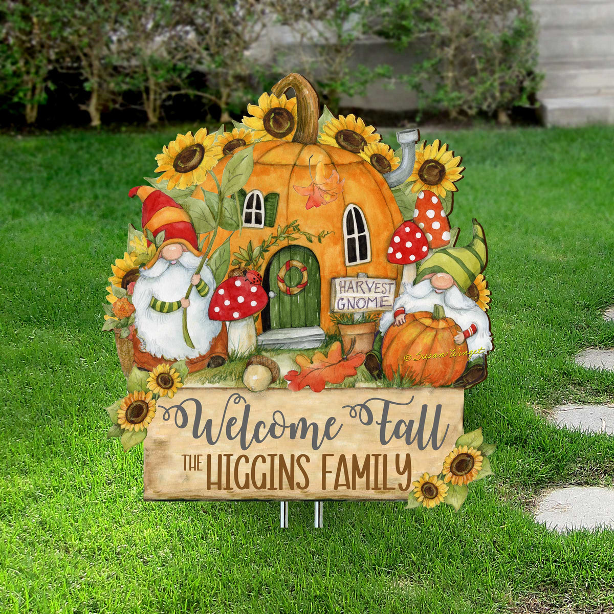 Personalized Welcome Fall garden stake with a pumpkin house, two gnomes, sunflowers and sample Higgins Family wording.