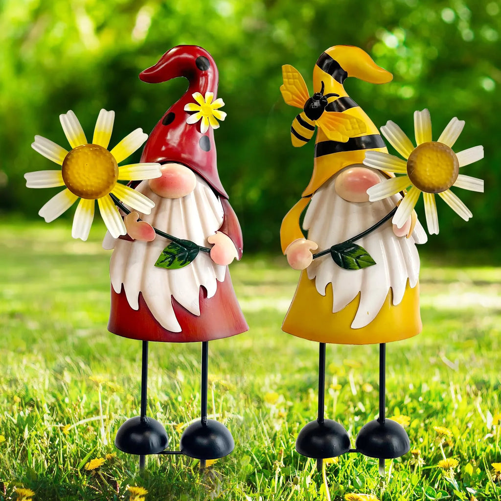 Metal Gnome Yard Art - Bee and Ladybug Sculptures - Outdoor Garden Decorations (2 Count)