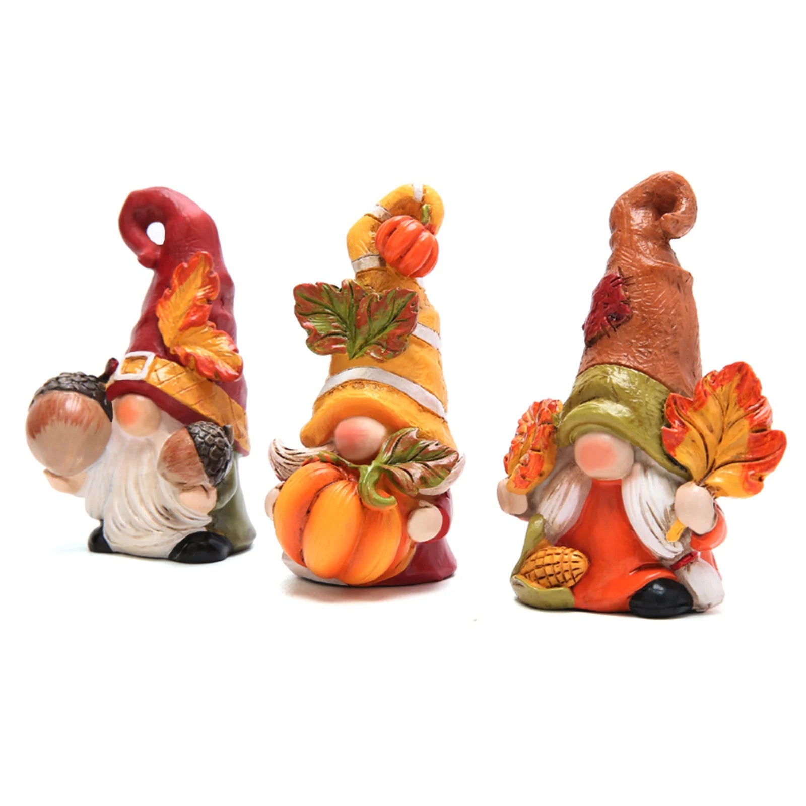 Autumn Harvest Gnome Figurines Fall Thanksgiving Resin Decorations with Pumpkin, Acorns & Leaves – Hand-Painted Tabletop Decor for Home, Kitchen, and Office Set of 3