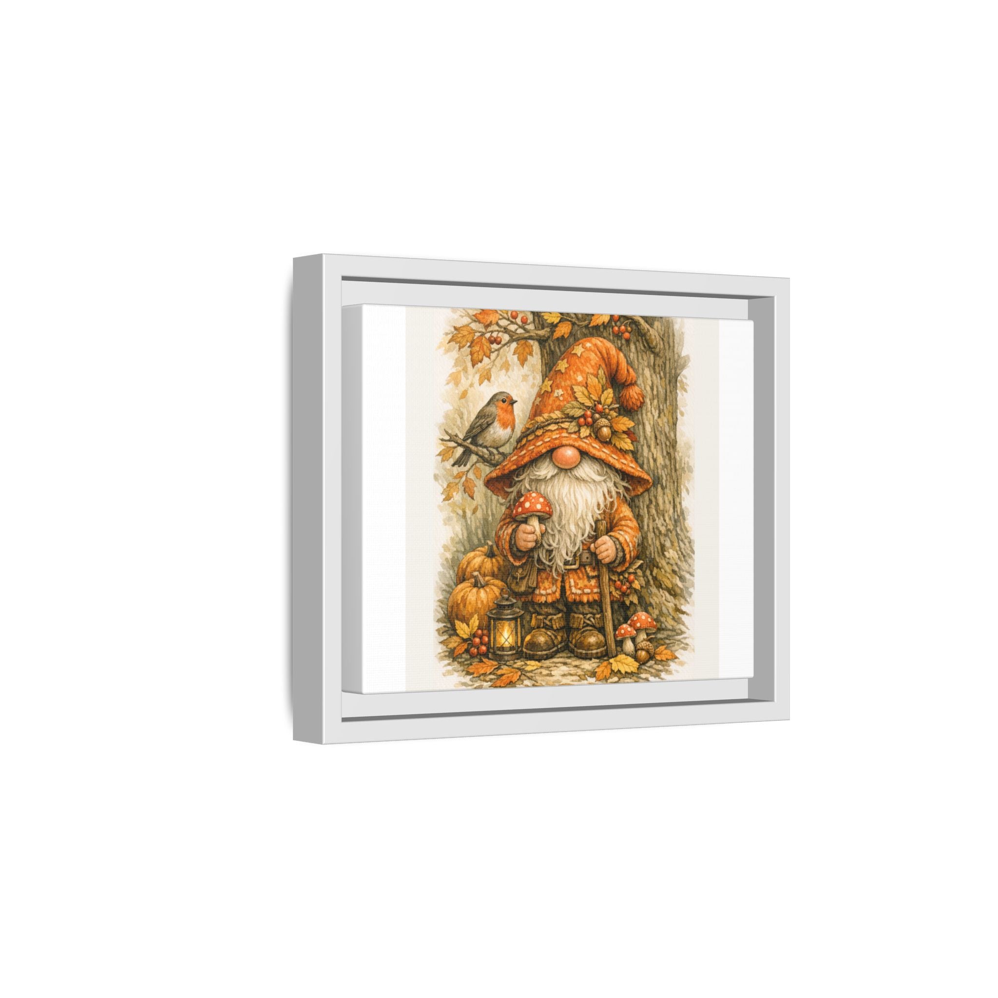 Autumn Gnome Framed Canvas Art – Fall Mushroom & Robin Wall Decor