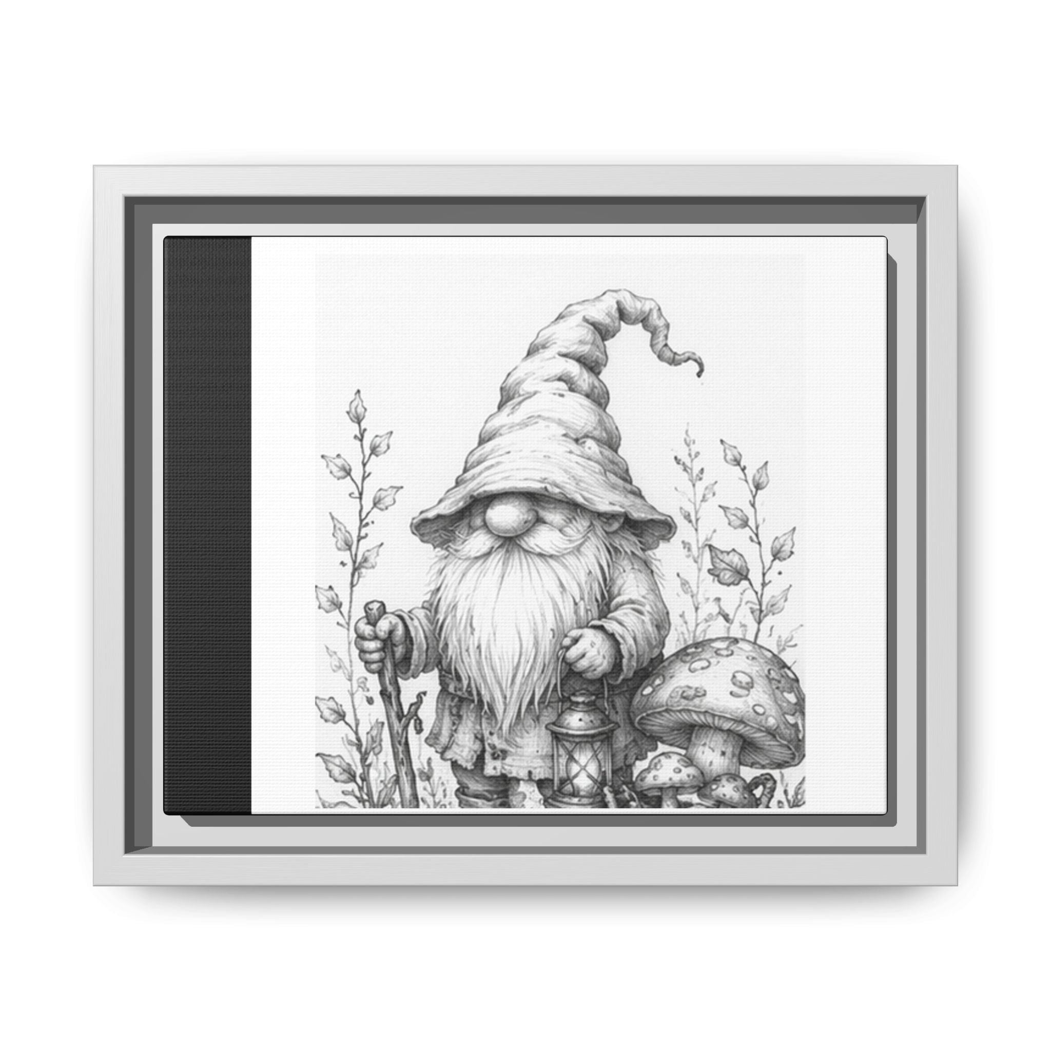 Gnome Pencil Illustration Framed Canvas Print — Black & White Matte Wall Art - Briar