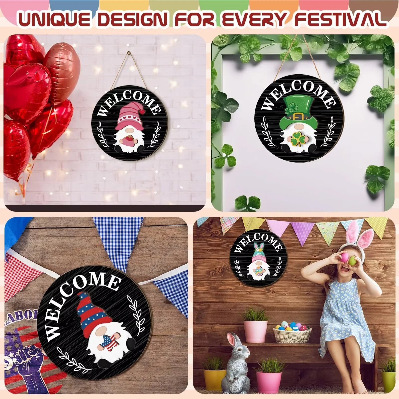 Interchangeable Wooden Gnome Decor Holiday Seasonal Gnome Decorations with Magnet Pieces and Detachable Hats Changeable Welcome Sign for Home