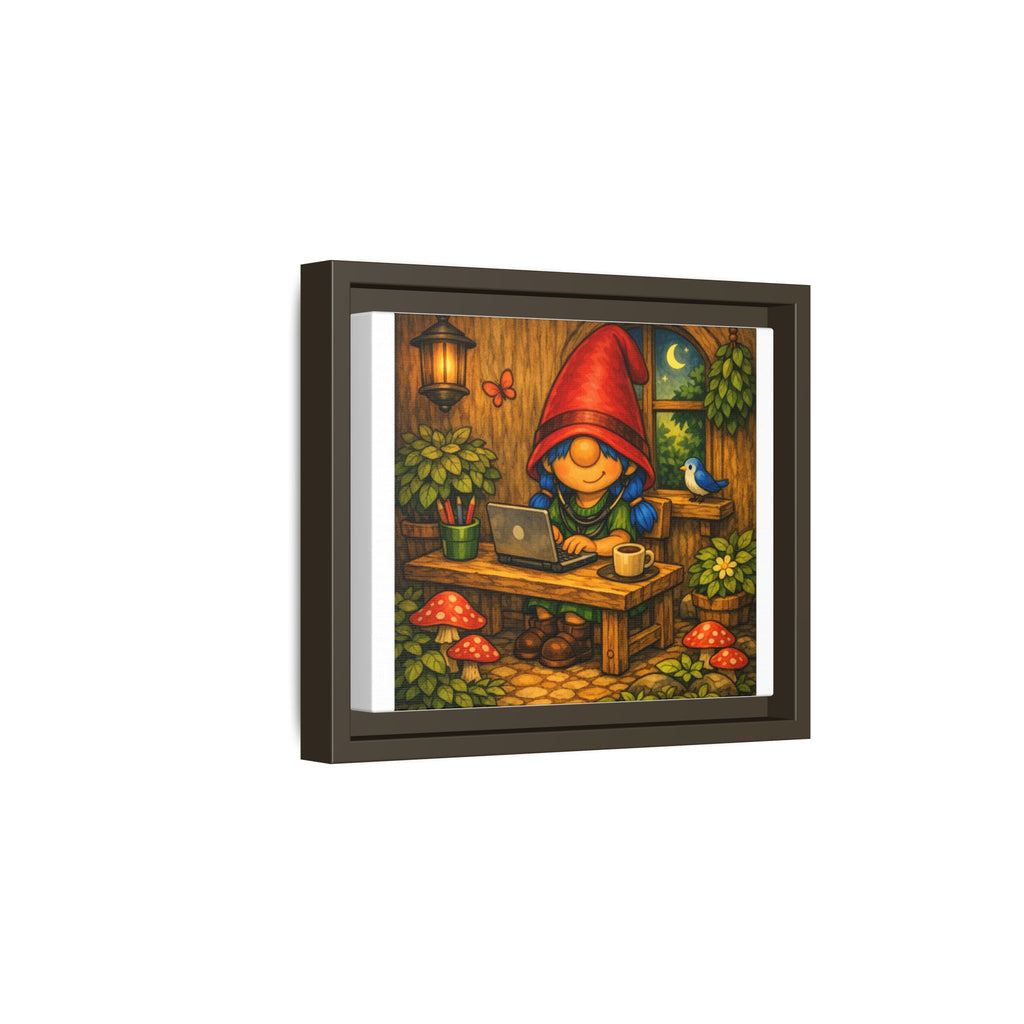 Gnome Girl with Blue Hair Workspace Framed Canvas Art — Cozy Night Cottage Illustration