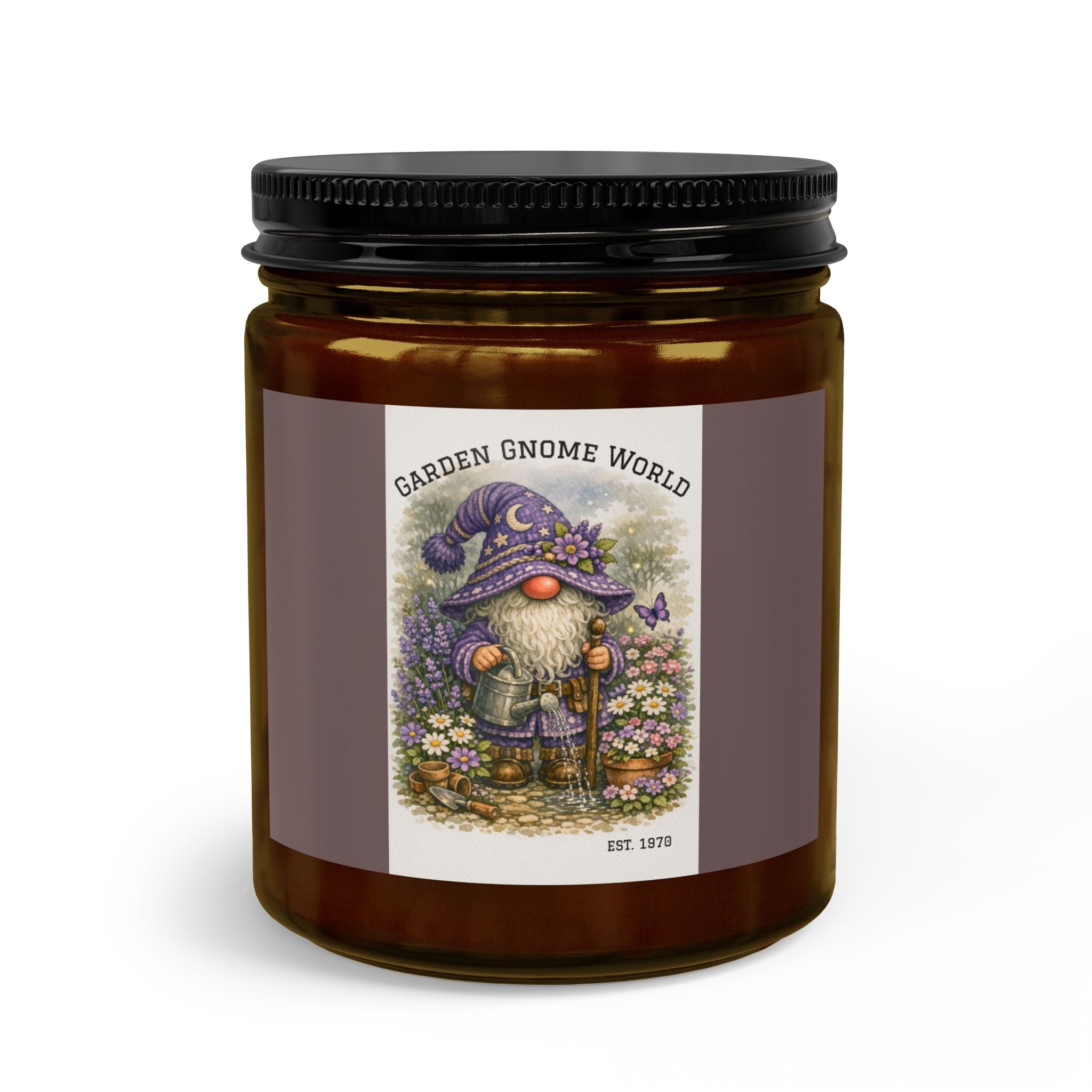 Purple High Hat Garden Gnome Candle Set with Matches & Wick Trimmer — Whimsical Floral Scented Jar