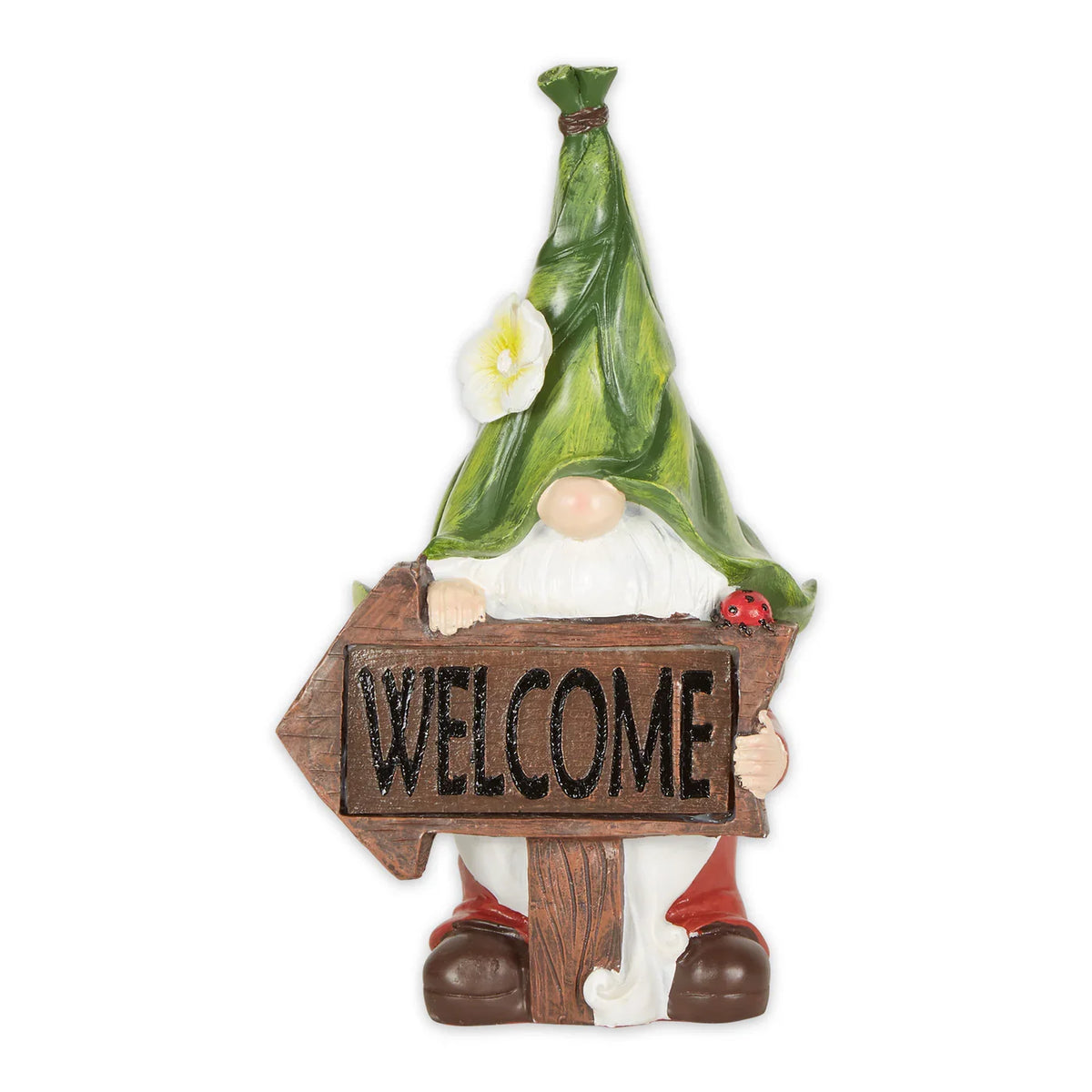 Gnome with a green leaf hat and flower holding a wooden-style Welcome arrow sign with a ladybug.