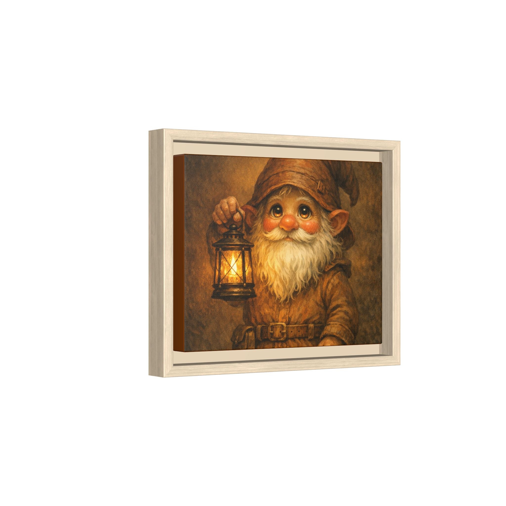Bright eyes Gnome Lantern Framed Canvas Art — Whimsical Cozy Nursery Wall Decor