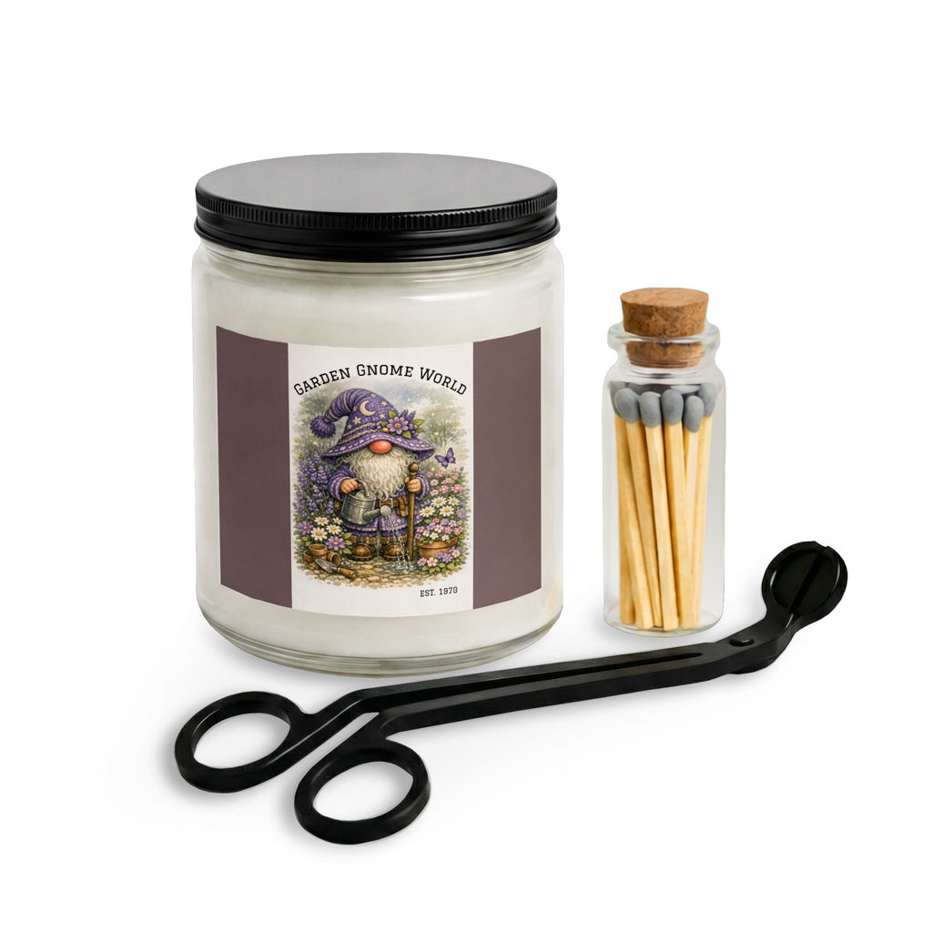 Purple High Hat Garden Gnome Candle Set with Matches & Wick Trimmer — Whimsical Floral Scented Jar