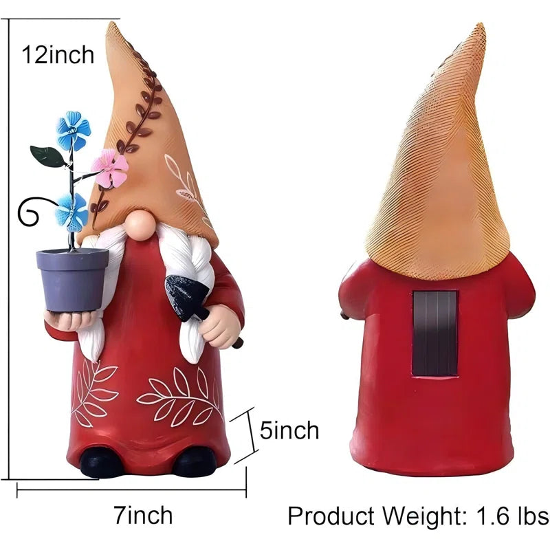Solar Garden Gnome - a beautiful gnome holding a flower pot 12 Inch 