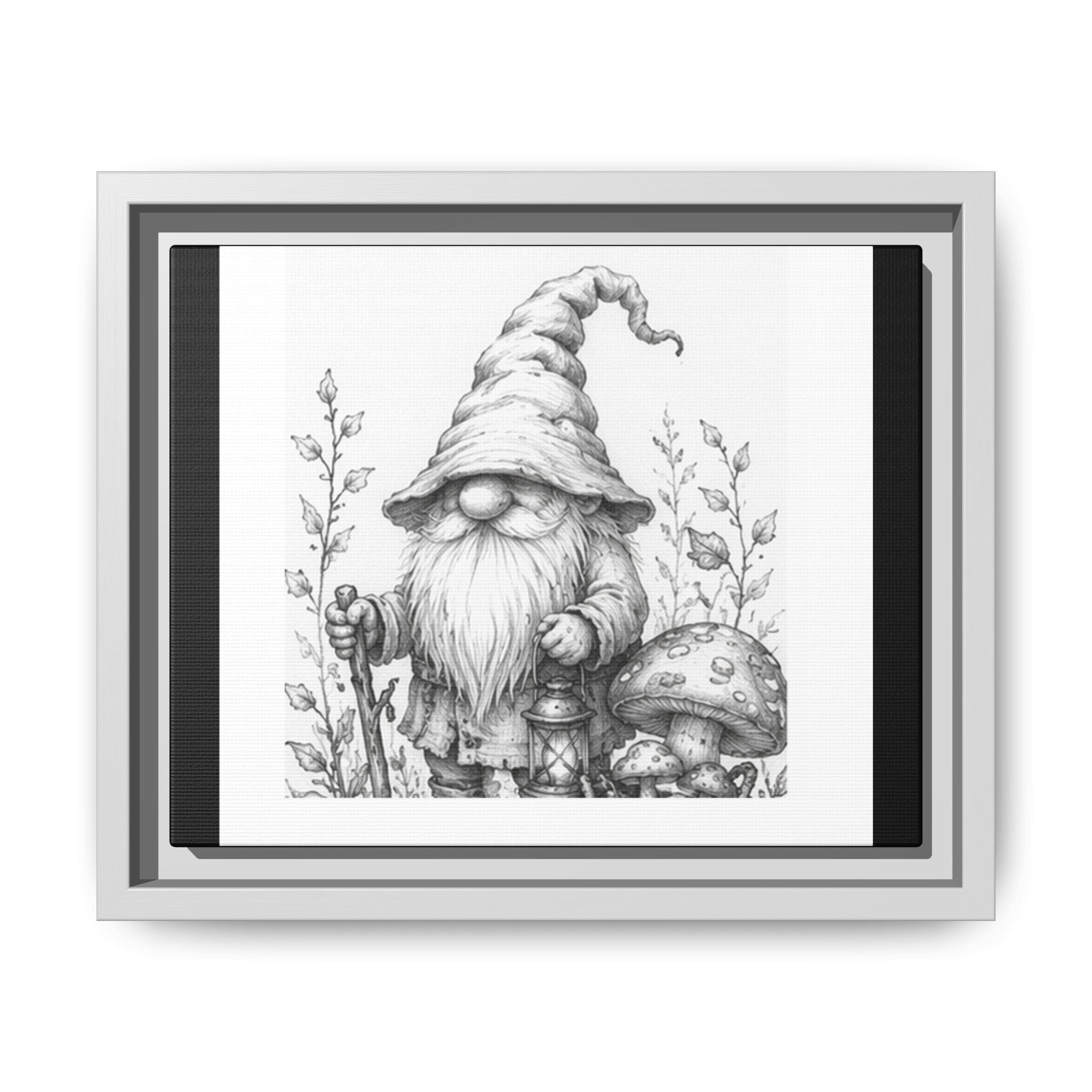 Gnome Pencil Sketch Matte Canvas Print — Framed Woodland Decor - Daisy