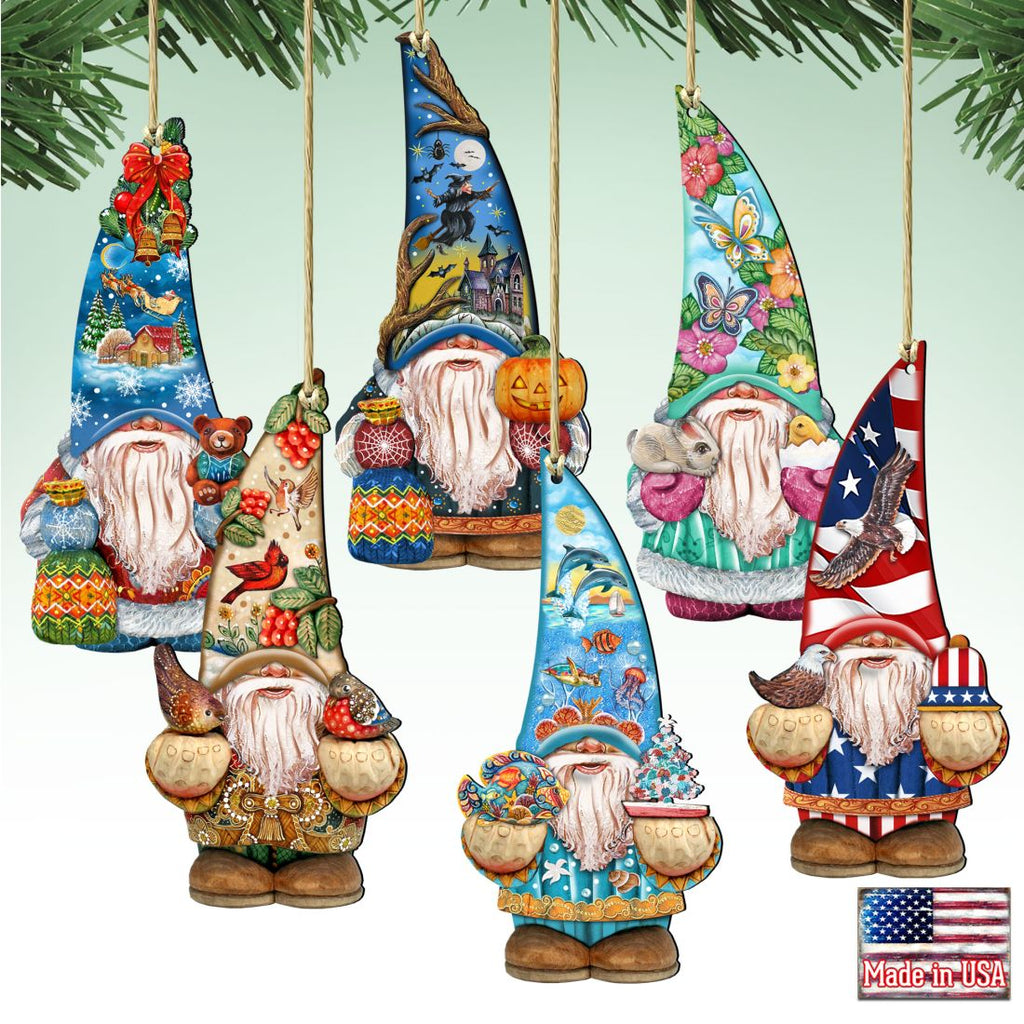Six hanging gnome ornaments with Christmas, Halloween, floral, patriotic, bird and ocean-themed hats.