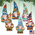 Six hanging gnome ornaments with Christmas, Halloween, floral, patriotic, bird and ocean-themed hats.