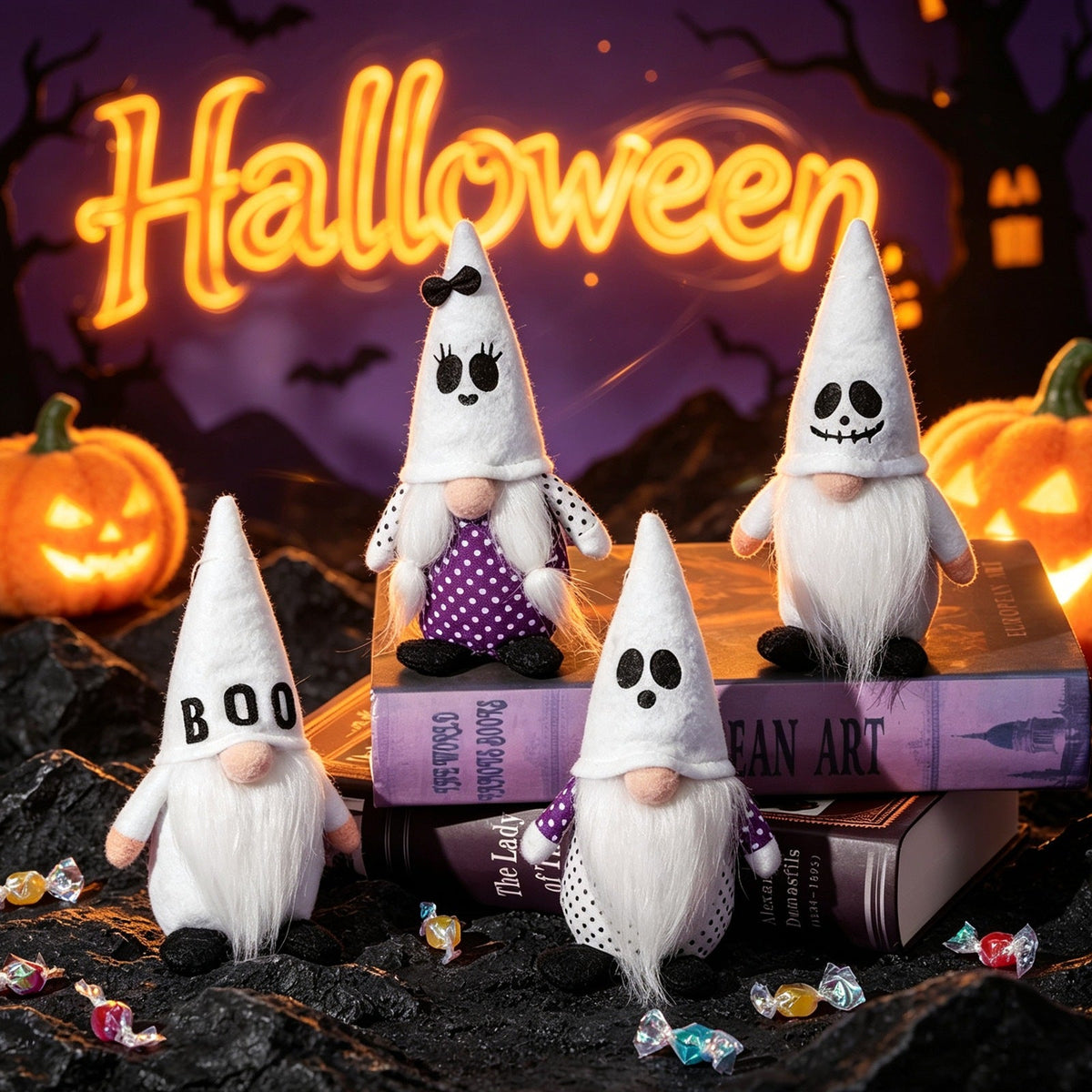 Four white-bearded Halloween gnomes with ghost faces and BOO on white hats, shown among pumpkins and books.