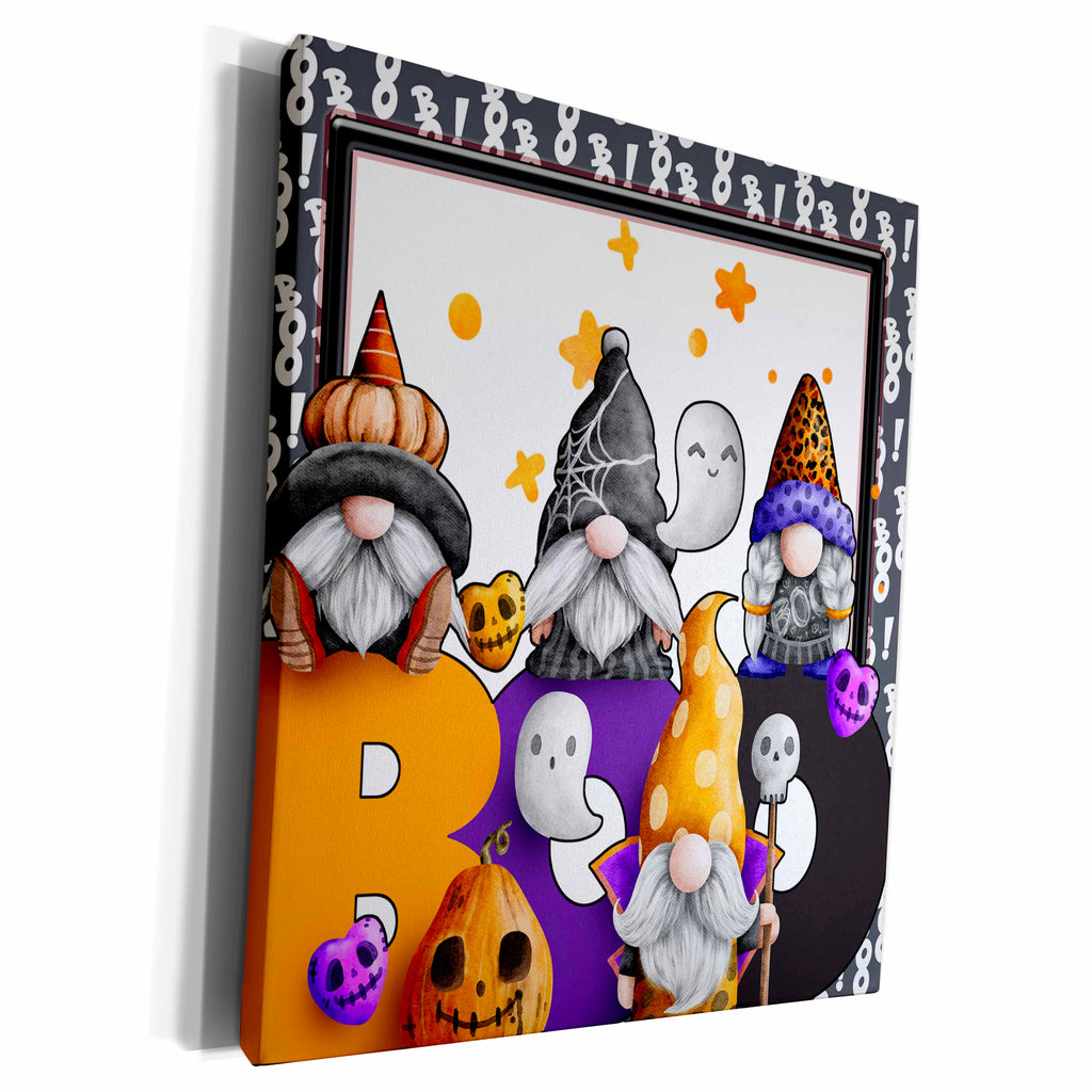 Canvas wall art showing four Halloween gnomes, ghosts and skulls around large orange, purple and black BOO lettering.