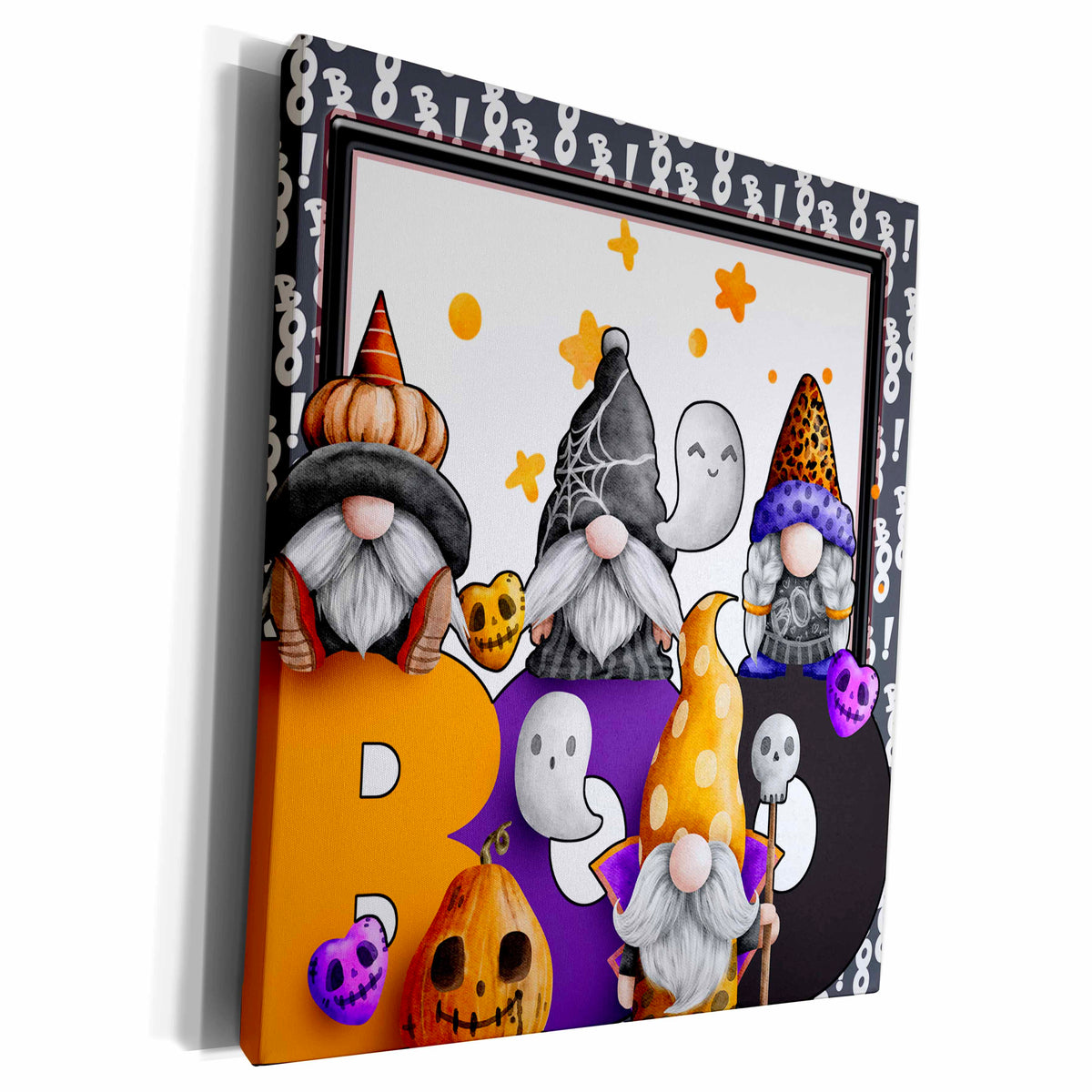 Canvas wall art showing four Halloween gnomes, ghosts and skulls around large orange, purple and black BOO lettering.