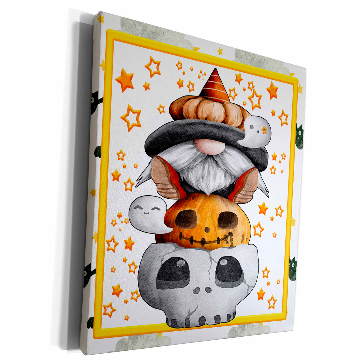 Canvas wall art with a yellow border showing a gnome stacked above a jack-o'-lantern and gray skull among stars.
