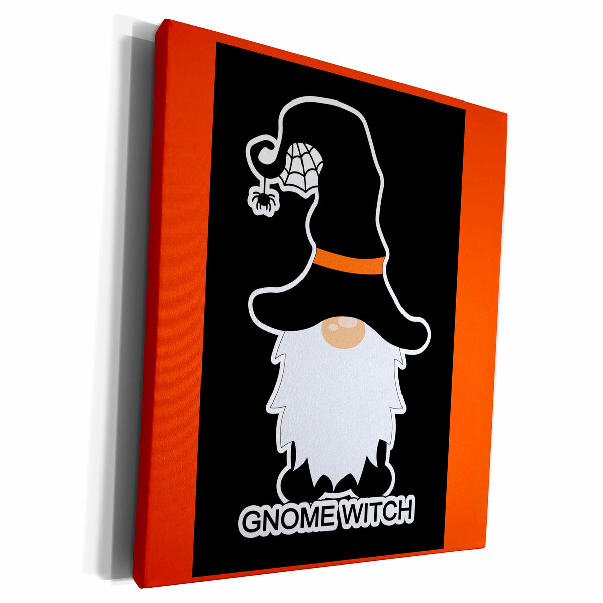 Canvas wall art with an orange border showing a black witch-hatted gnome, hanging spider and Gnome Witch wording.