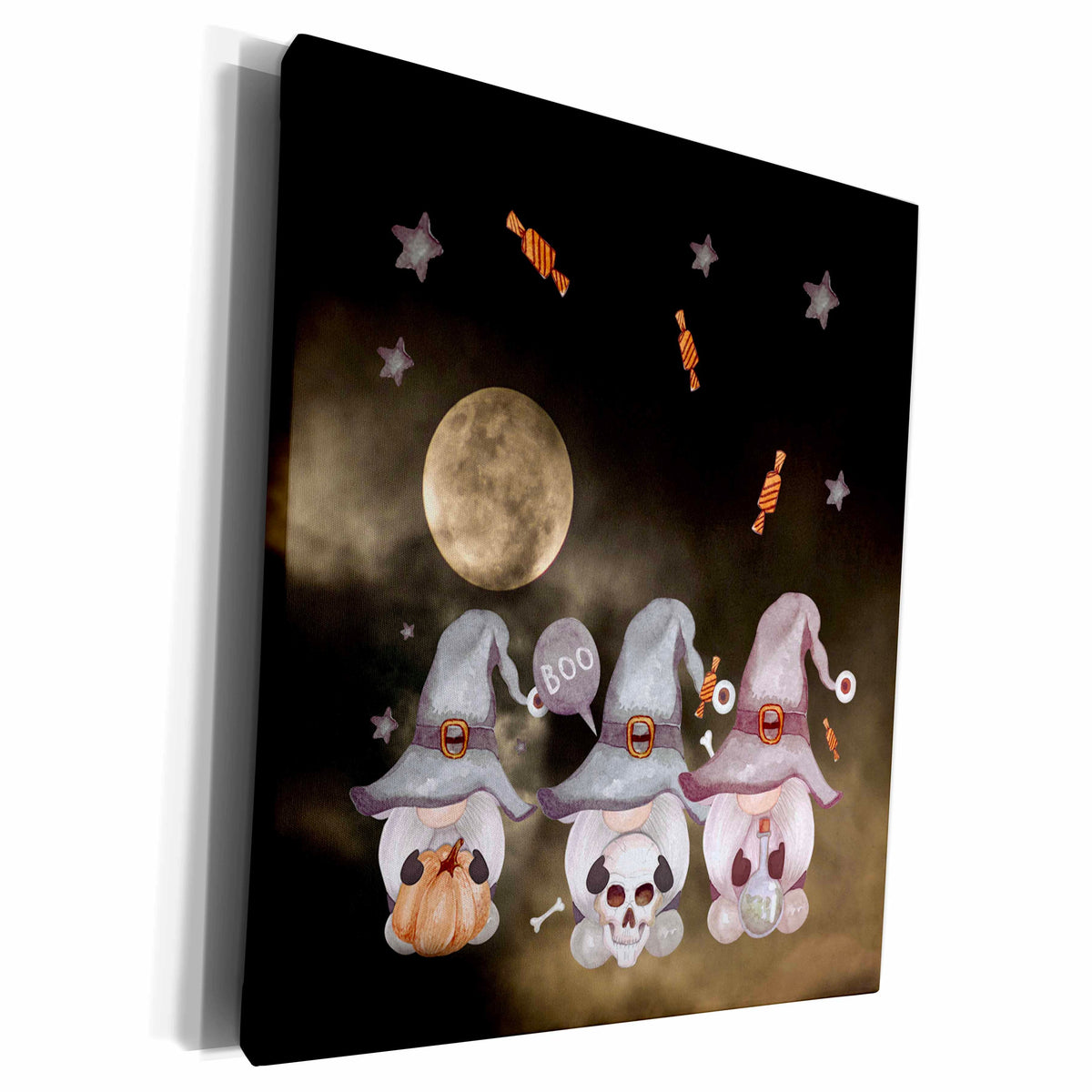 Dark canvas wall art showing three witch gnomes holding a pumpkin, skull and potion beneath a full moon and candy.