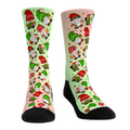 Pair of pastel green and pink socks patterned with Christmas gnomes, with black heels and toes.