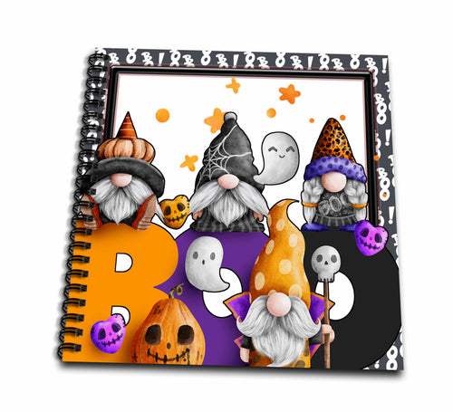 Spiral-bound drawing book showing four Halloween gnomes with ghosts, skulls and large orange, purple and black BOO letters.