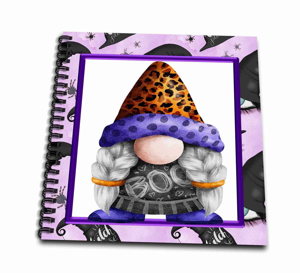 Spiral-bound drawing book showing a braided gnome in a leopard-patterned hat with purple trim and a BOO shirt.