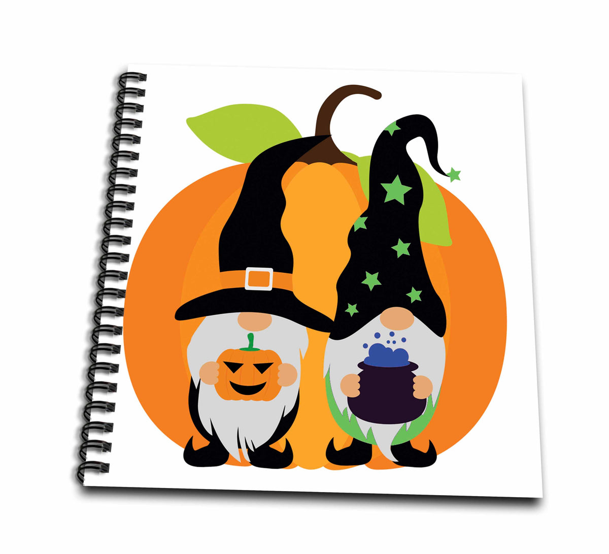 Spiral-bound drawing book with two witch and wizard gnomes holding a pumpkin and cauldron against an orange pumpkin.