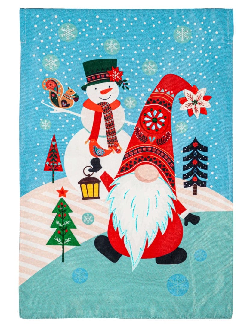 Blue winter garden flag with a red-hatted gnome, lantern, snowman, squirrel and snow-covered trees.