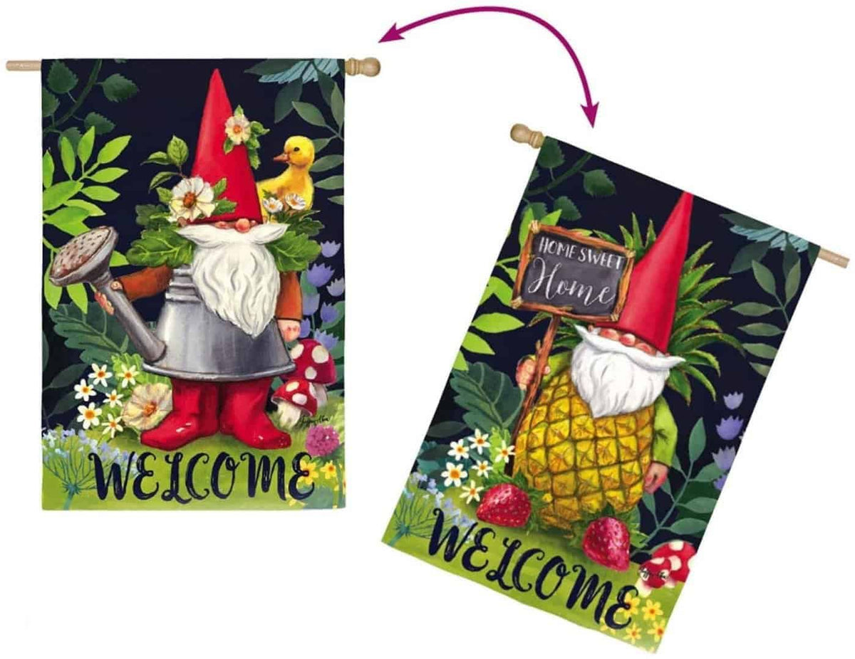Two sides of a Welcome house flag showing red-hatted gnomes in watering-can and pineapple outfits.