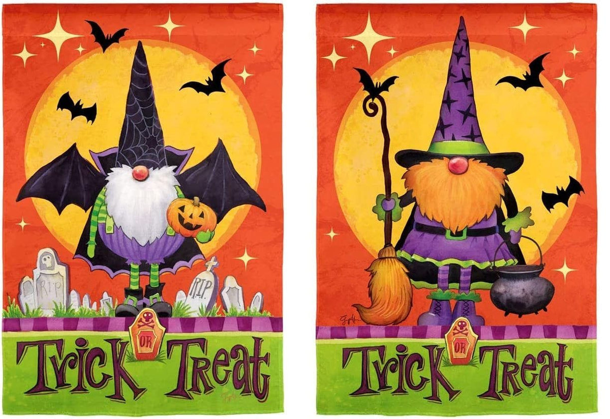 Both sides of a Trick or Treat garden flag showing a bat-winged gnome and a purple witch gnome against an orange moon.