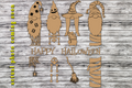 Illustration of unfinished Halloween gnome craft pieces with spider, skeleton, witch and mummy motifs and Happy Halloween letters.