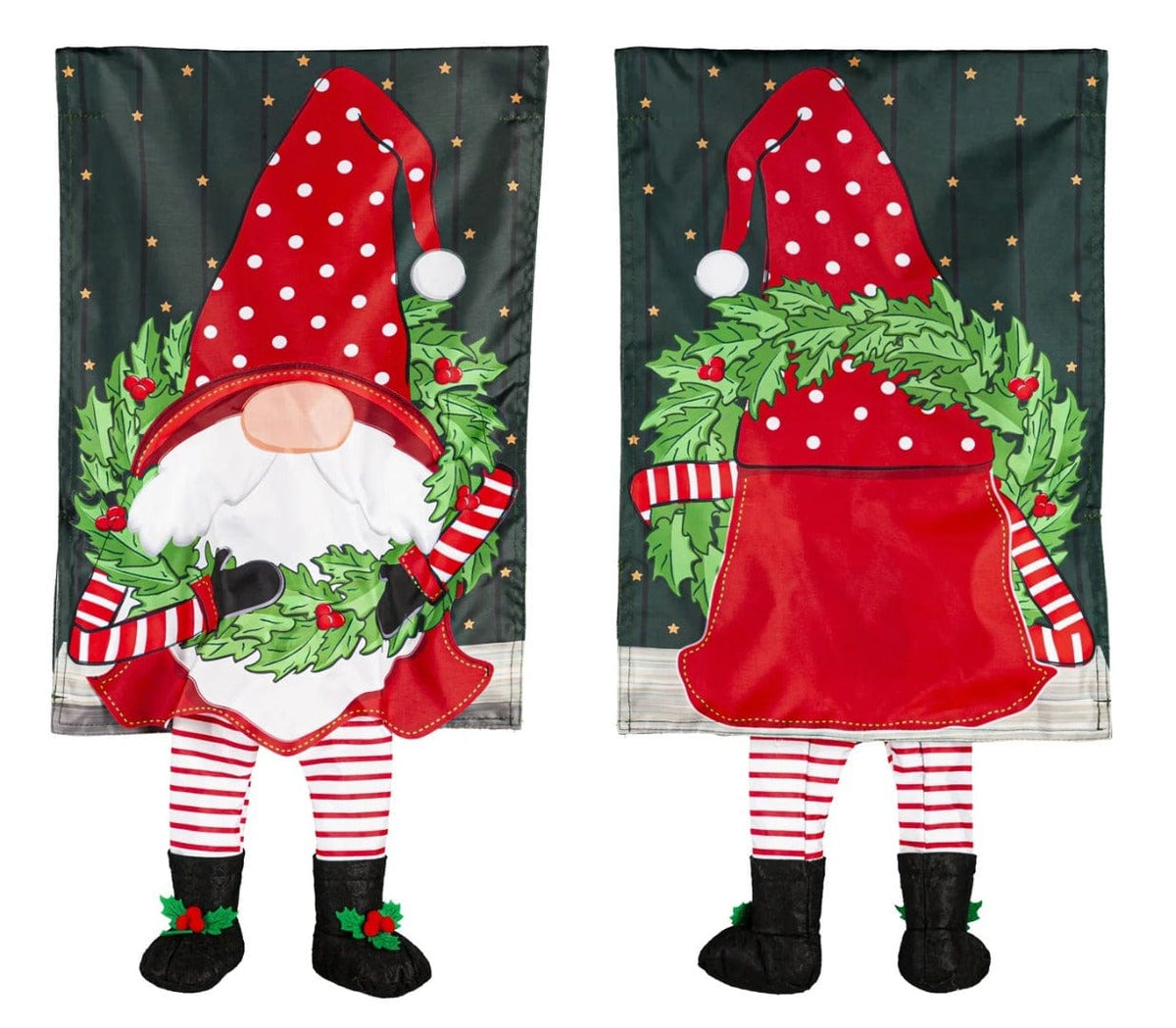 Front and back views of a red-hatted gnome garden flag holding a wreath, with dangling striped legs and black boots.