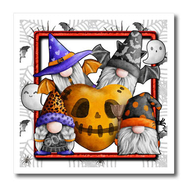 3dRose Four Cute Halloween Gnomes and and an Orange Halloween... - Iron on Heat Transfers (ht-369116)