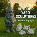garden gnome figurine and smaller sculptures on grass with 'Custom Outdoor Yard Sculptures' text.