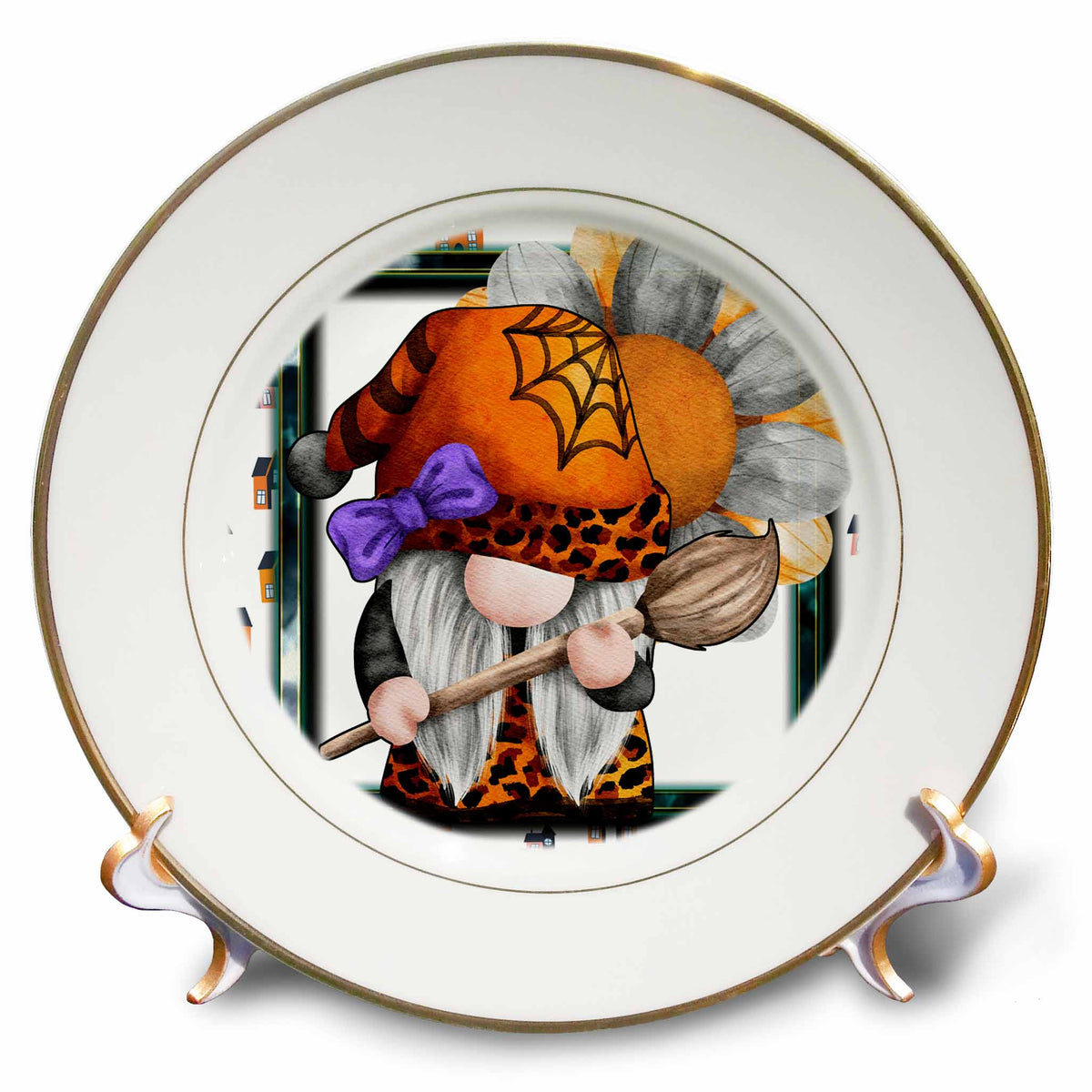 Gold-rimmed decorative plate with an orange spiderweb-hatted gnome, purple bow, broom and large flower.