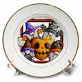 Gold-rimmed decorative plate showing four Halloween gnomes surrounding an orange skull-shaped heart.