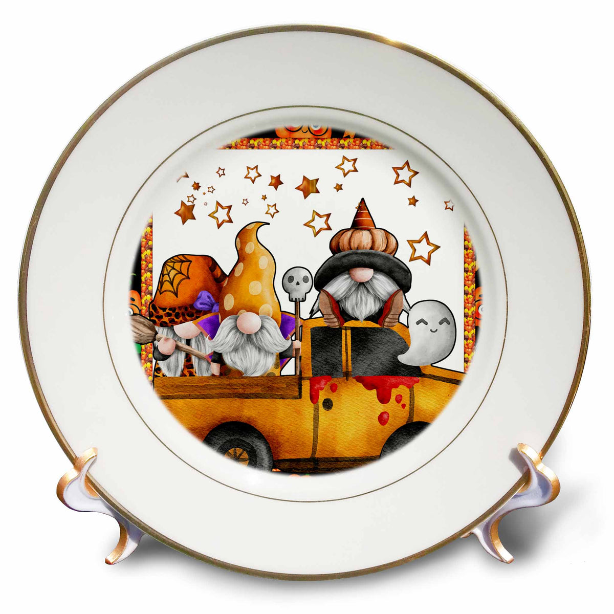 Gold-rimmed decorative plate showing Halloween gnomes and a ghost riding in an orange pickup truck under stars.