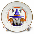 Gold-rimmed decorative plate with a purple witch-hatted gnome, orange bat wings and Halloween bunting.