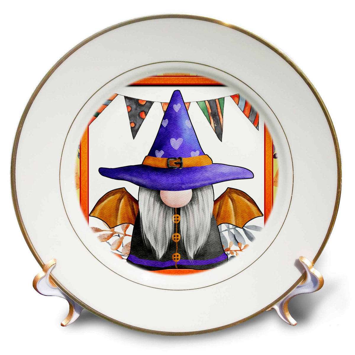Gold-rimmed decorative plate with a purple witch-hatted gnome, orange bat wings and Halloween bunting.