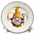 Gold-rimmed decorative plate showing an orange polka-dot-hatted gnome with a purple collar holding a skull-topped staff.
