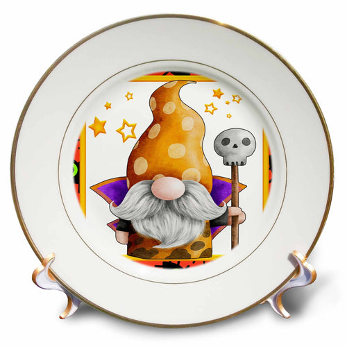 Gold-rimmed decorative plate showing an orange polka-dot-hatted gnome with a purple collar holding a skull-topped staff.
