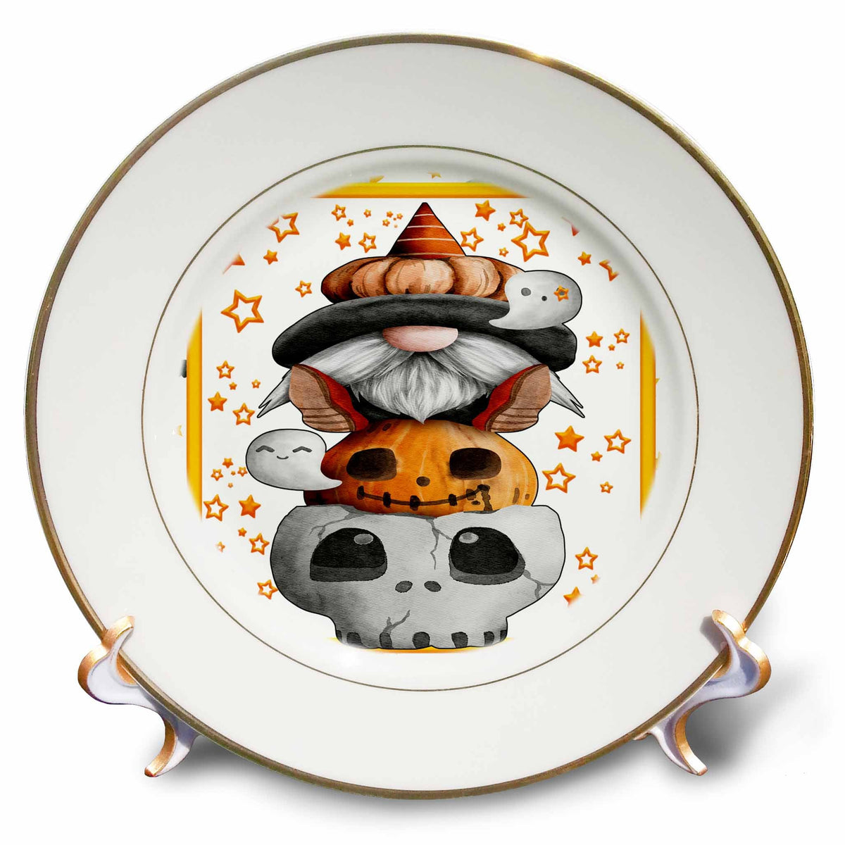 Gold-rimmed decorative plate showing a gnome stacked above a jack-o'-lantern and gray skull among ghosts and stars.